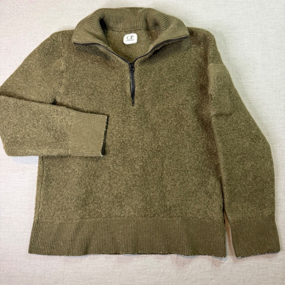 C.P. Company Quarter Zip Sweater Mens 50 Olive Green Fair Distressed Wool‎ Blend